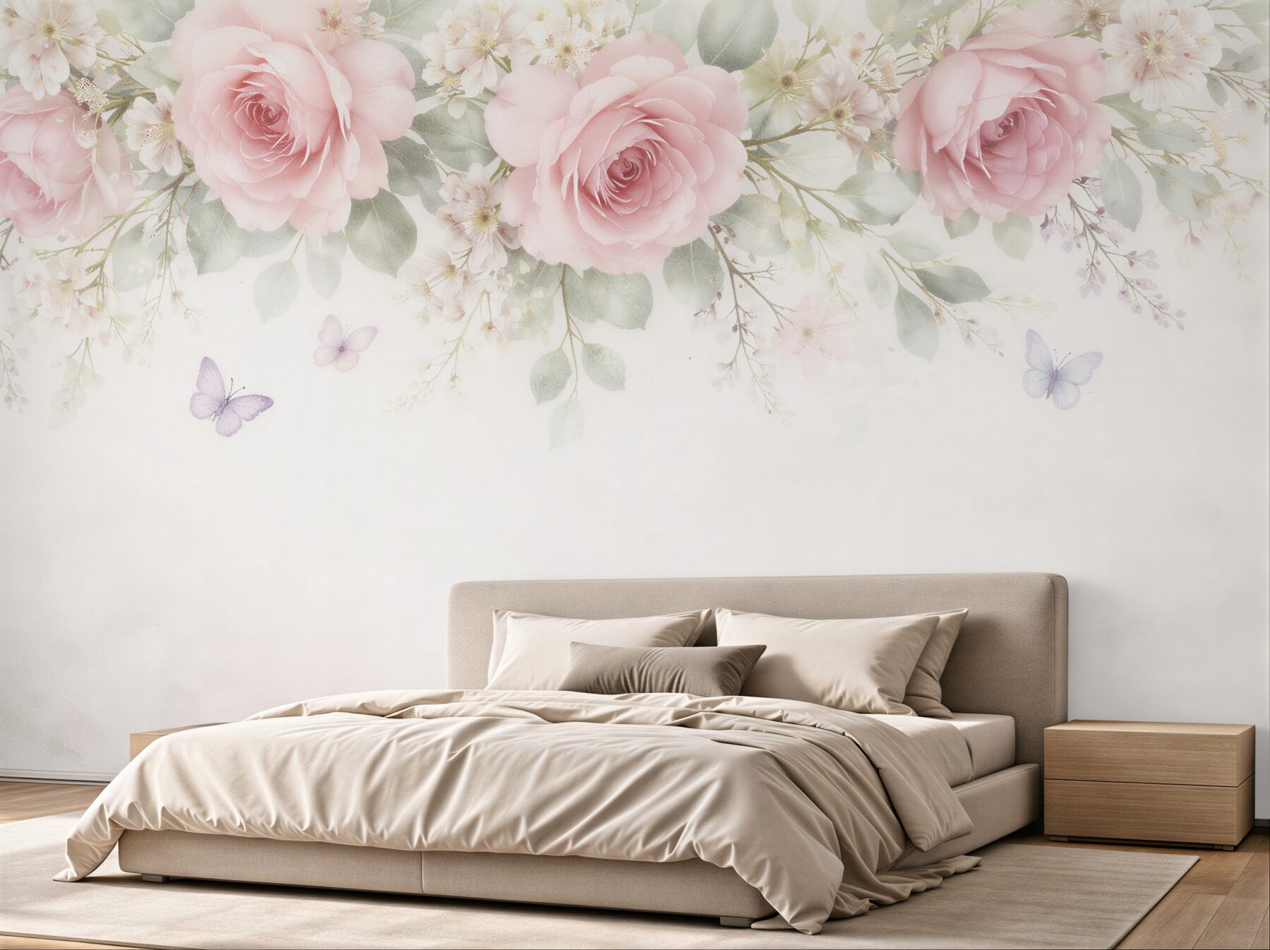 Fototapeten Puderrosa Rosen und Schmetterlinge