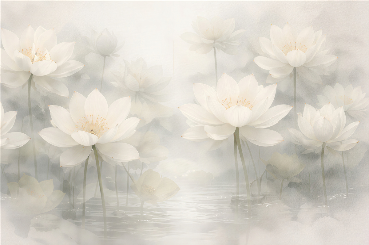 Fototapeten Weiße Lotusblumen im Nebel