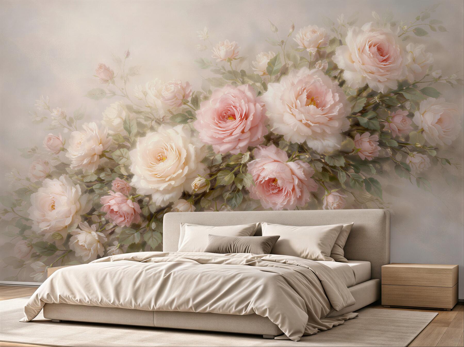 Fototapeten Puderrosa Rosen im romantischen Glanz