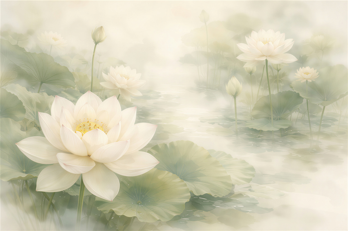 Fototapeten Weiße Lotusblumen über ruhigem Wasser