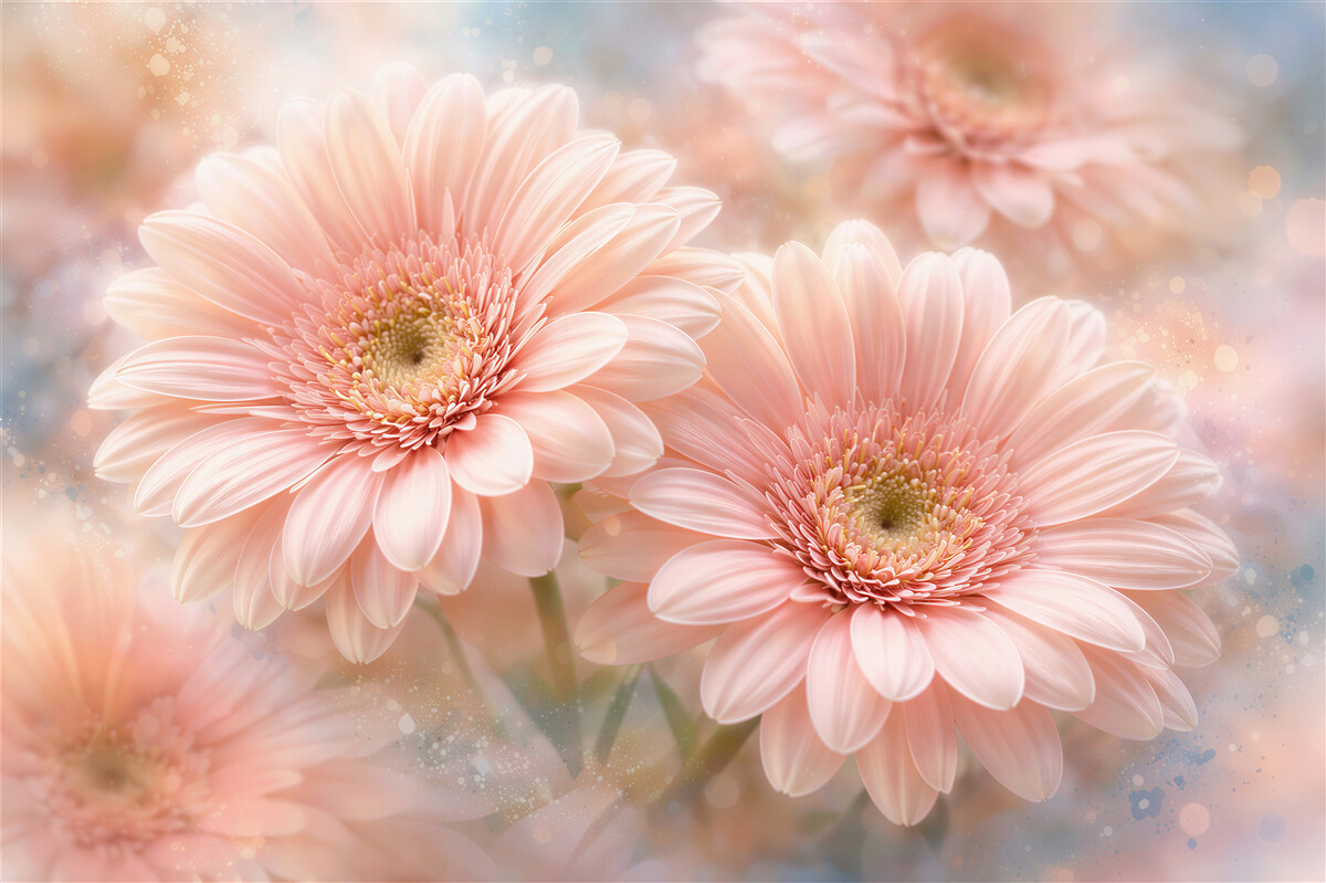 Fototapeten Puderfarbene Gerbera im Glanz