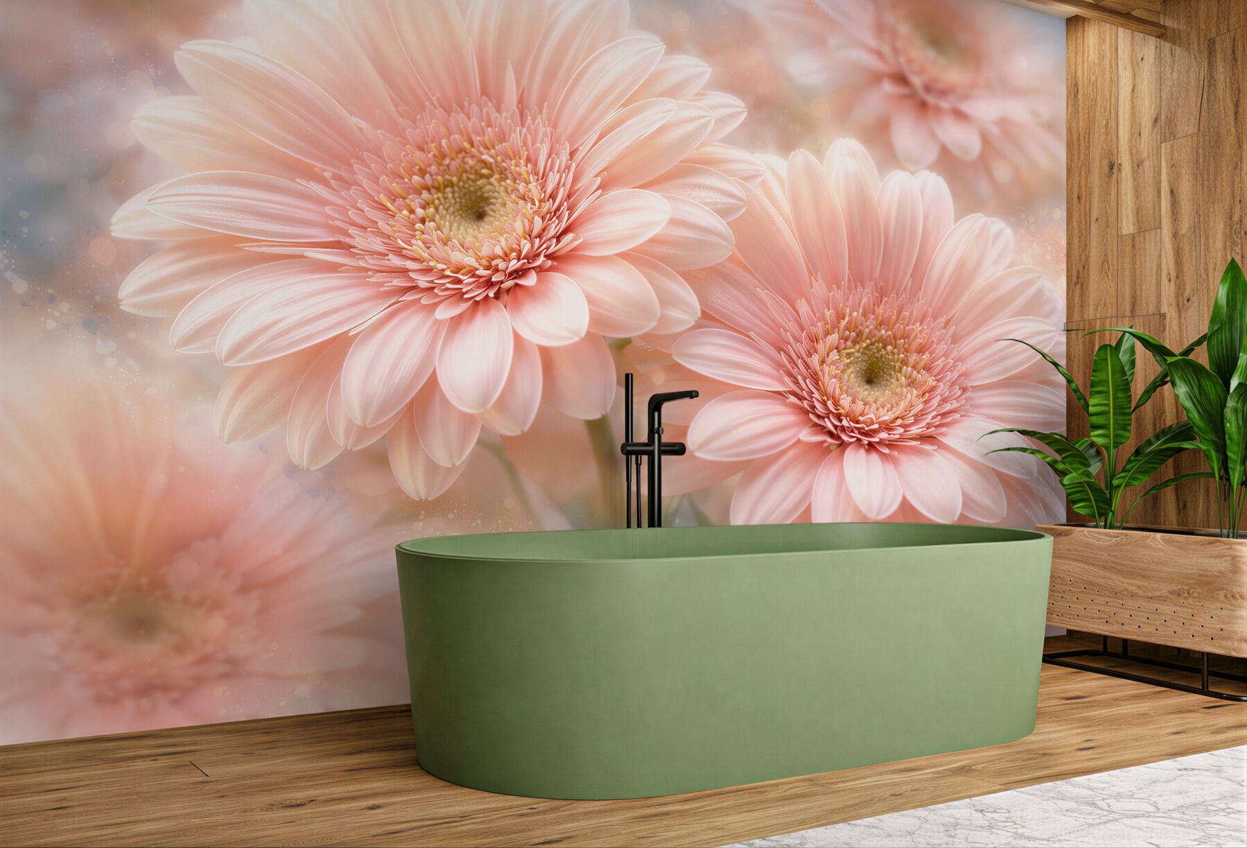 Fototapeten Puderfarbene Gerbera im Glanz