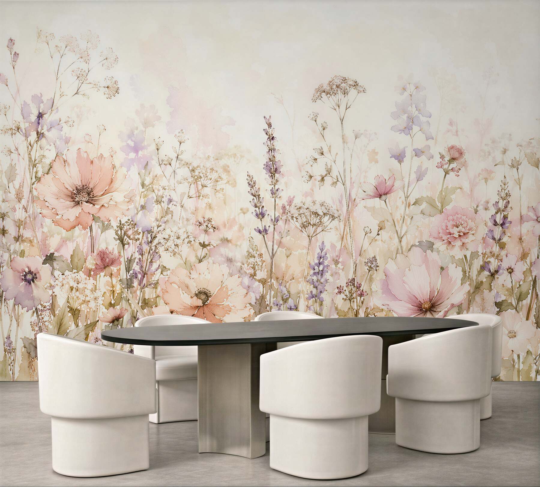Fototapeten Pastellwiese mit Aquarellblumen