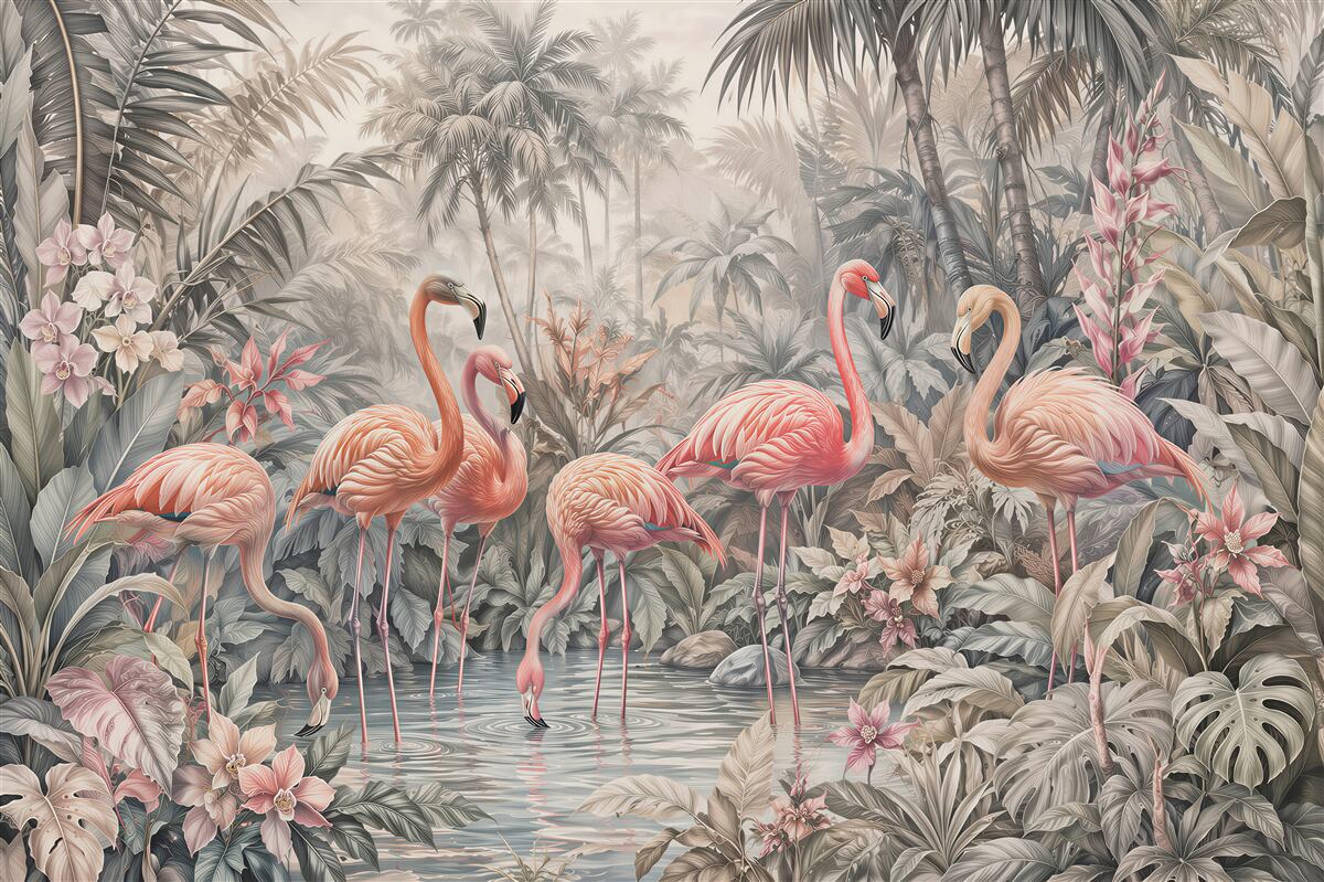 Fototapeten Flamingos im pastellfarbenen Dschungel