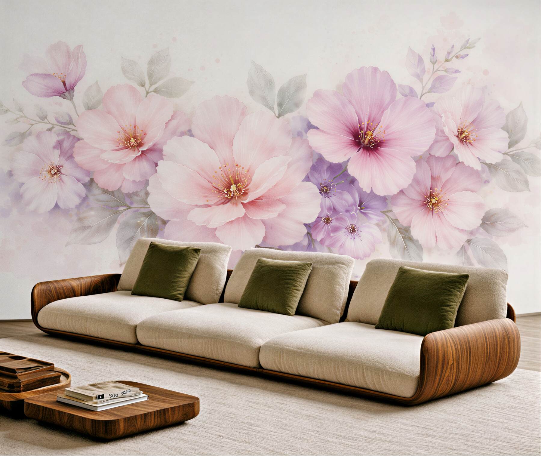 Fototapeten Puderfarbene Blumen in Aquarellglanz