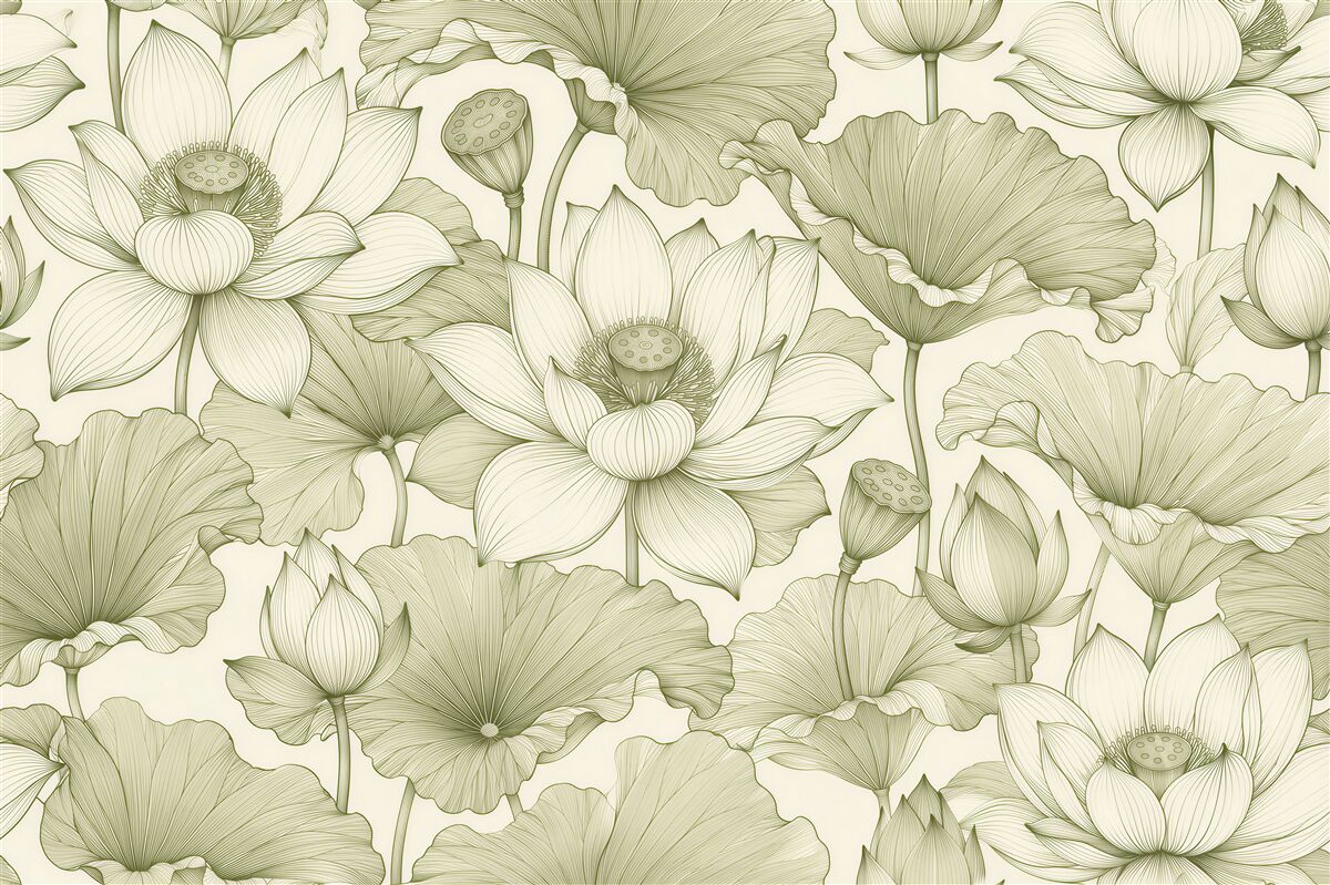 Fototapeten Lotus-Harmonie in mintgrünen Linien