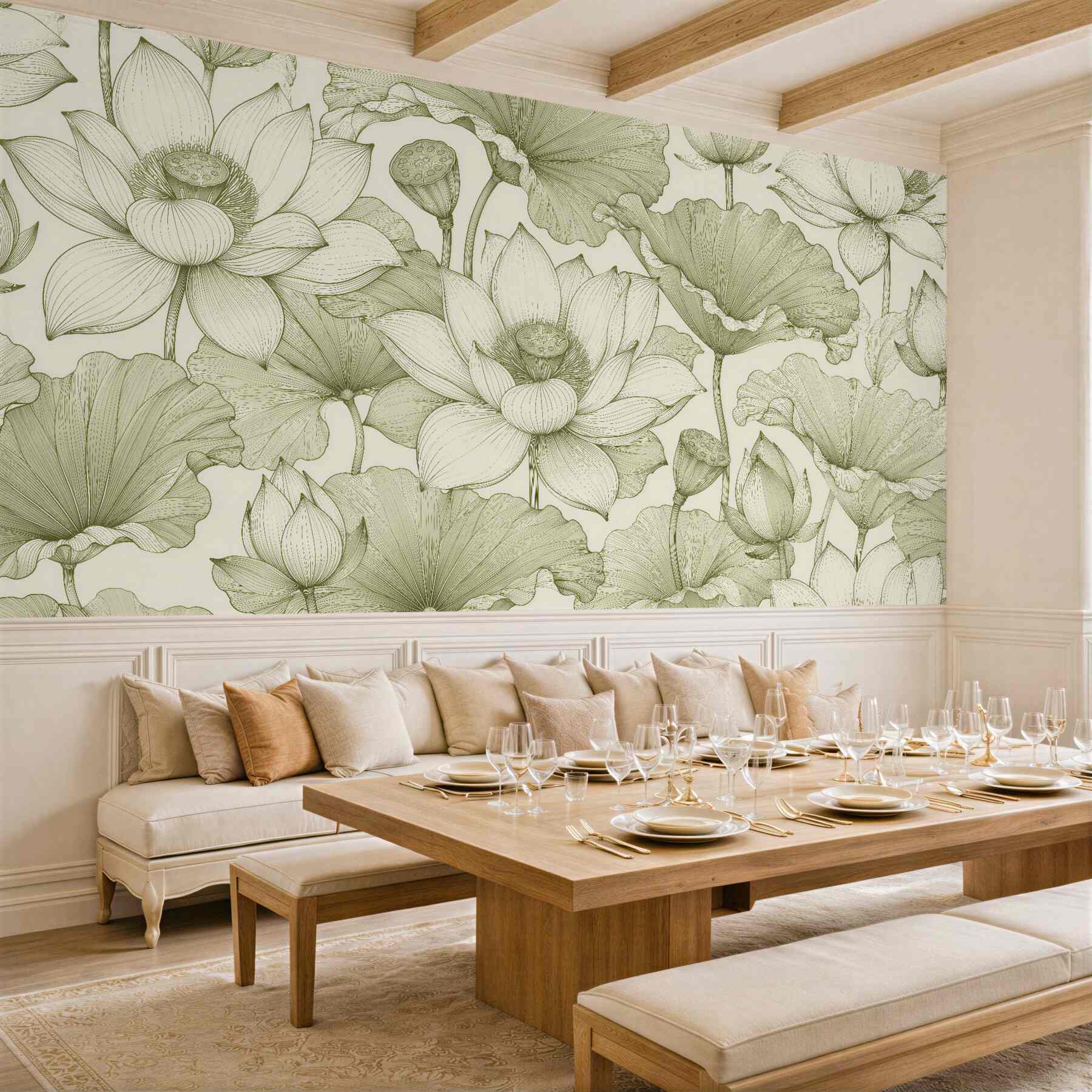 Fototapeten Lotus-Harmonie in mintgrünen Linien