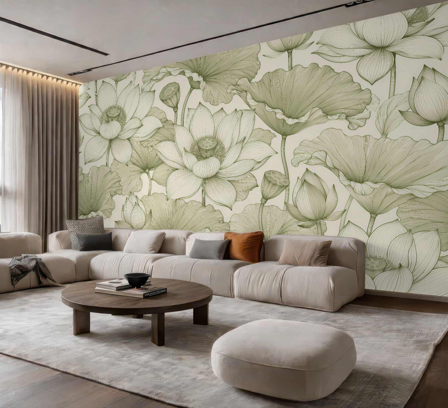 Fototapeten Lotus-Harmonie in mintgrünen Linien