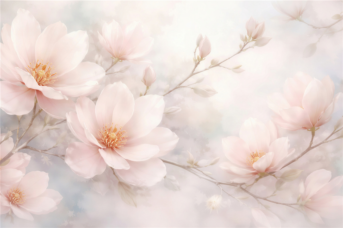 Fototapeten Ätherische Magnolien im pastellfarbenen Nebel