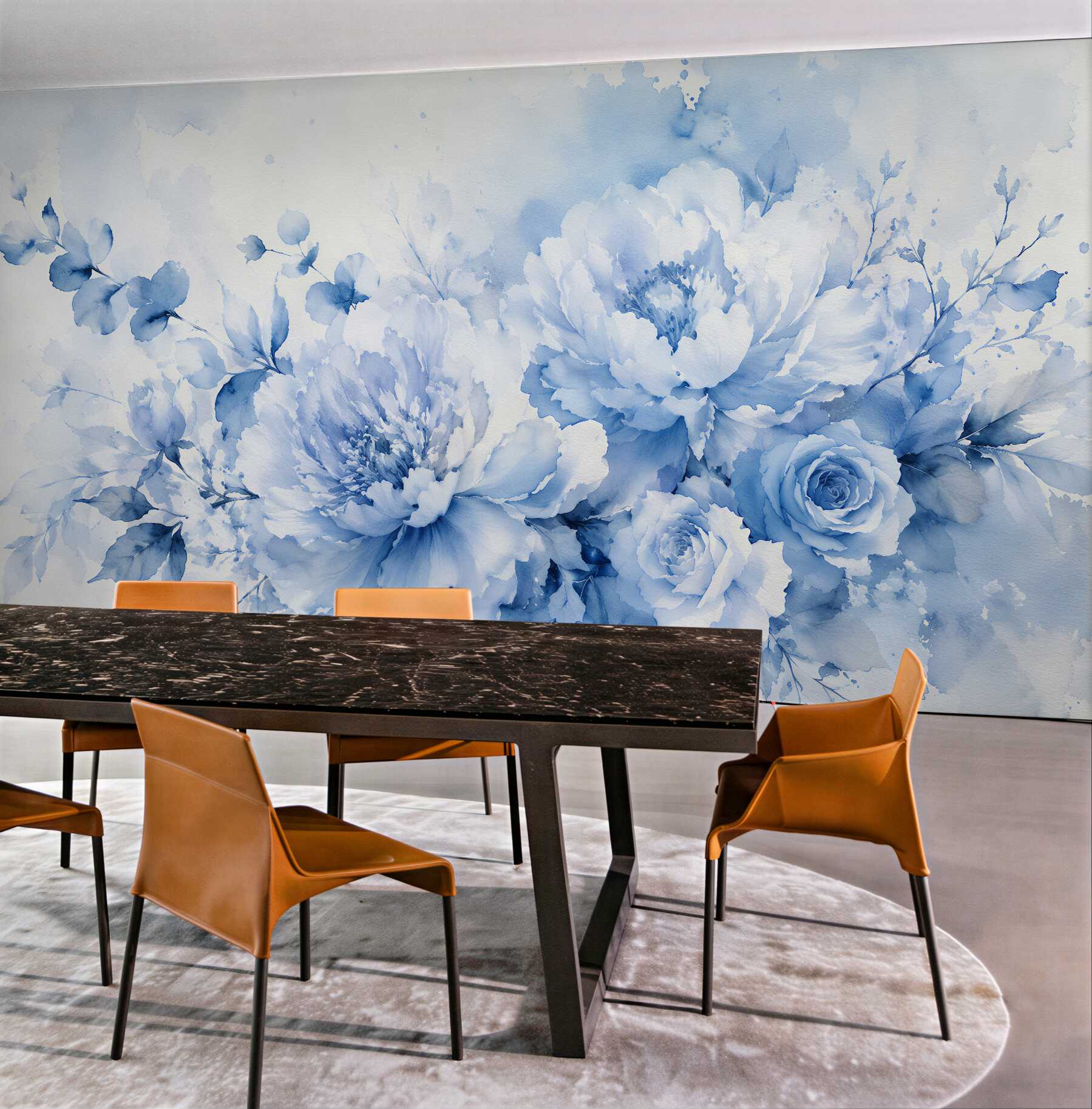 Fototapeten Hellblaue Pfingstrosen und Rosen in Aquarell
