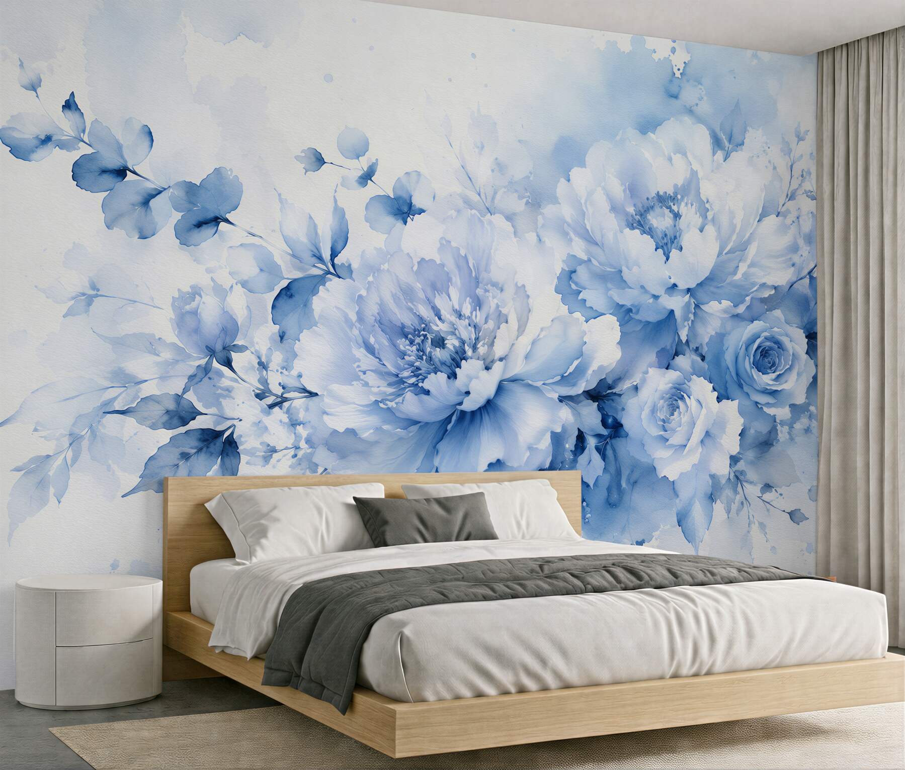 Fototapeten Hellblaue Pfingstrosen und Rosen in Aquarell