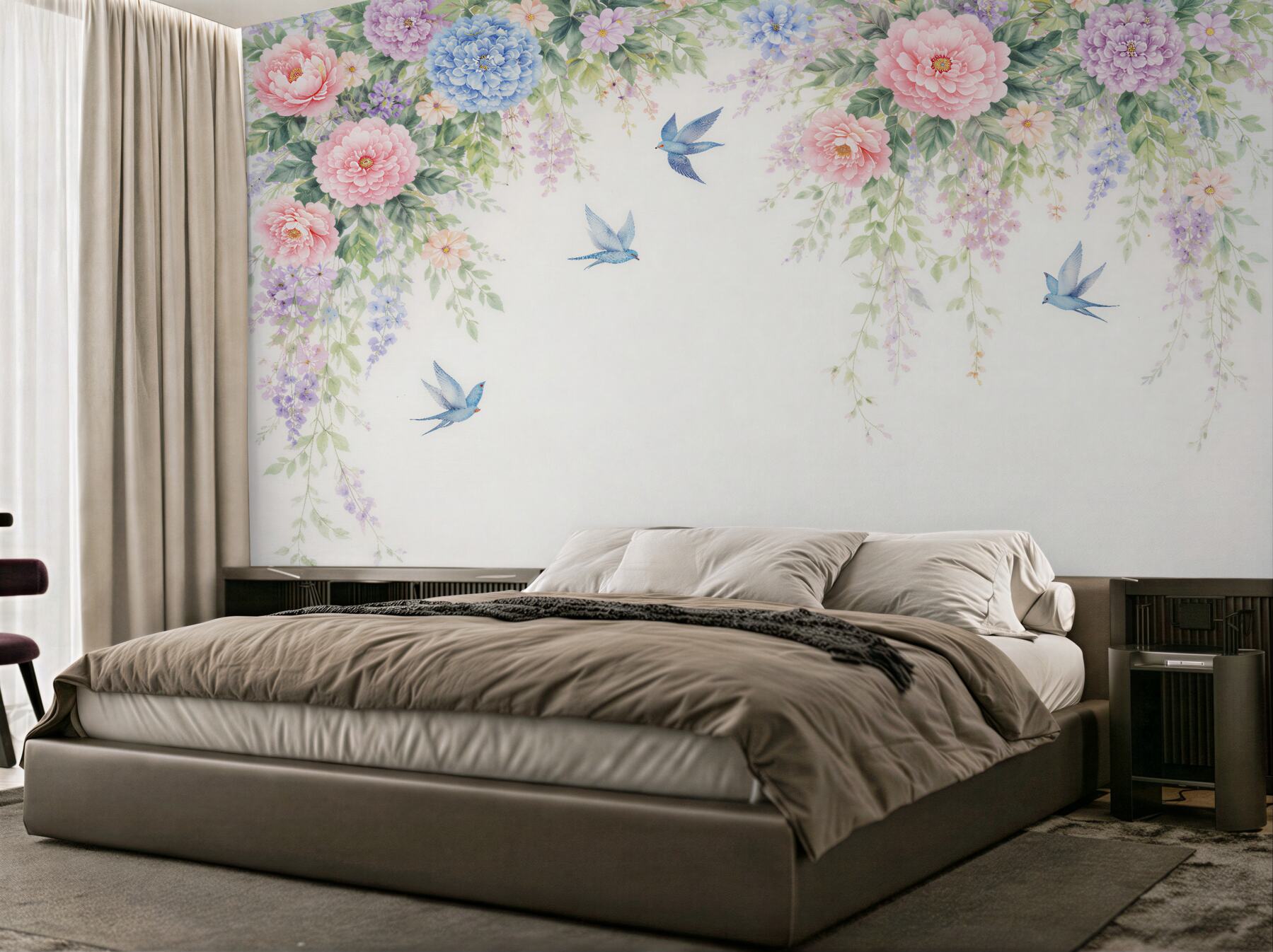 Fototapeten Pastellfarbene Blumen und blaue Vögel