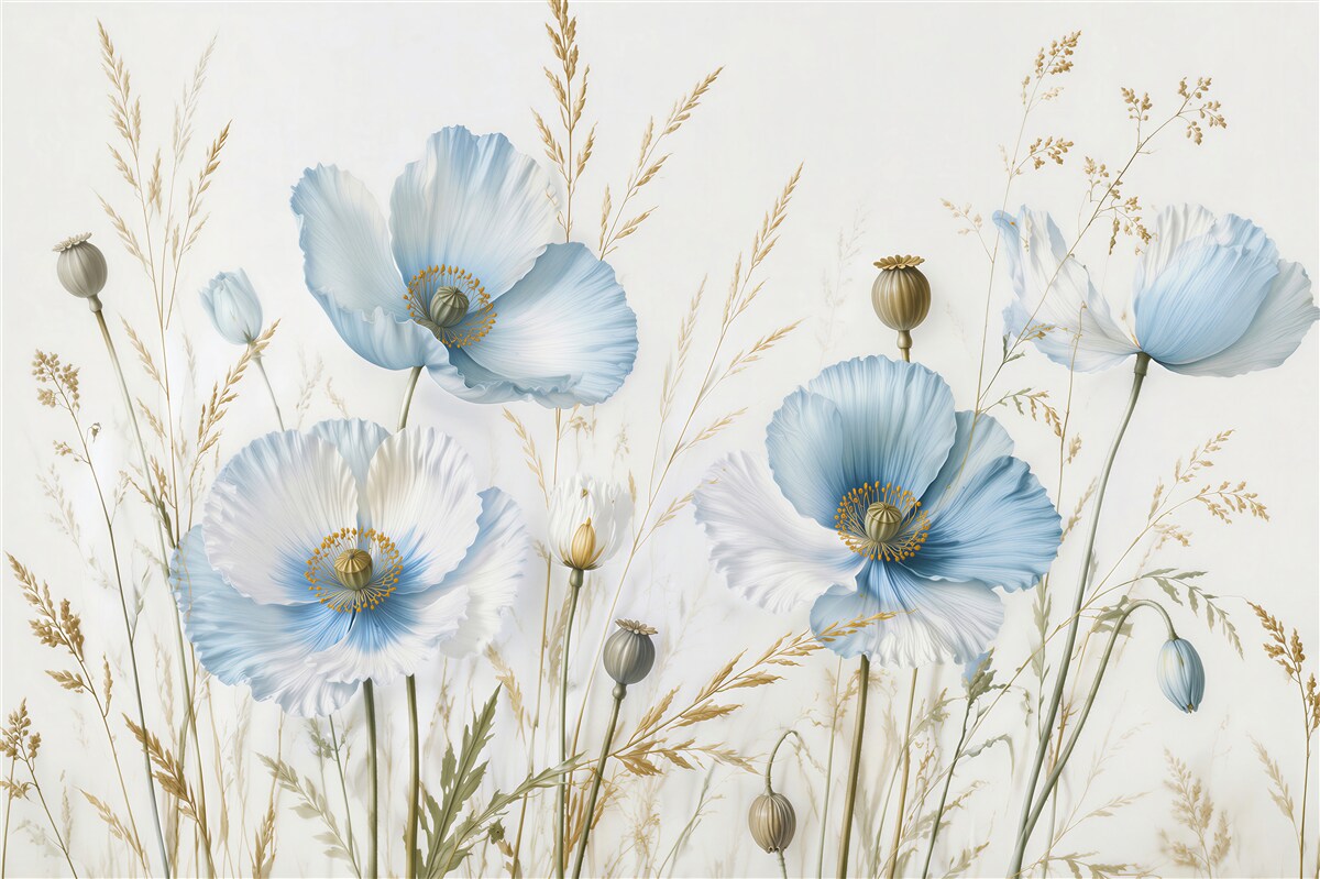 Fototapeten Hellblaue Mohnblumen in zarter Inszenierung