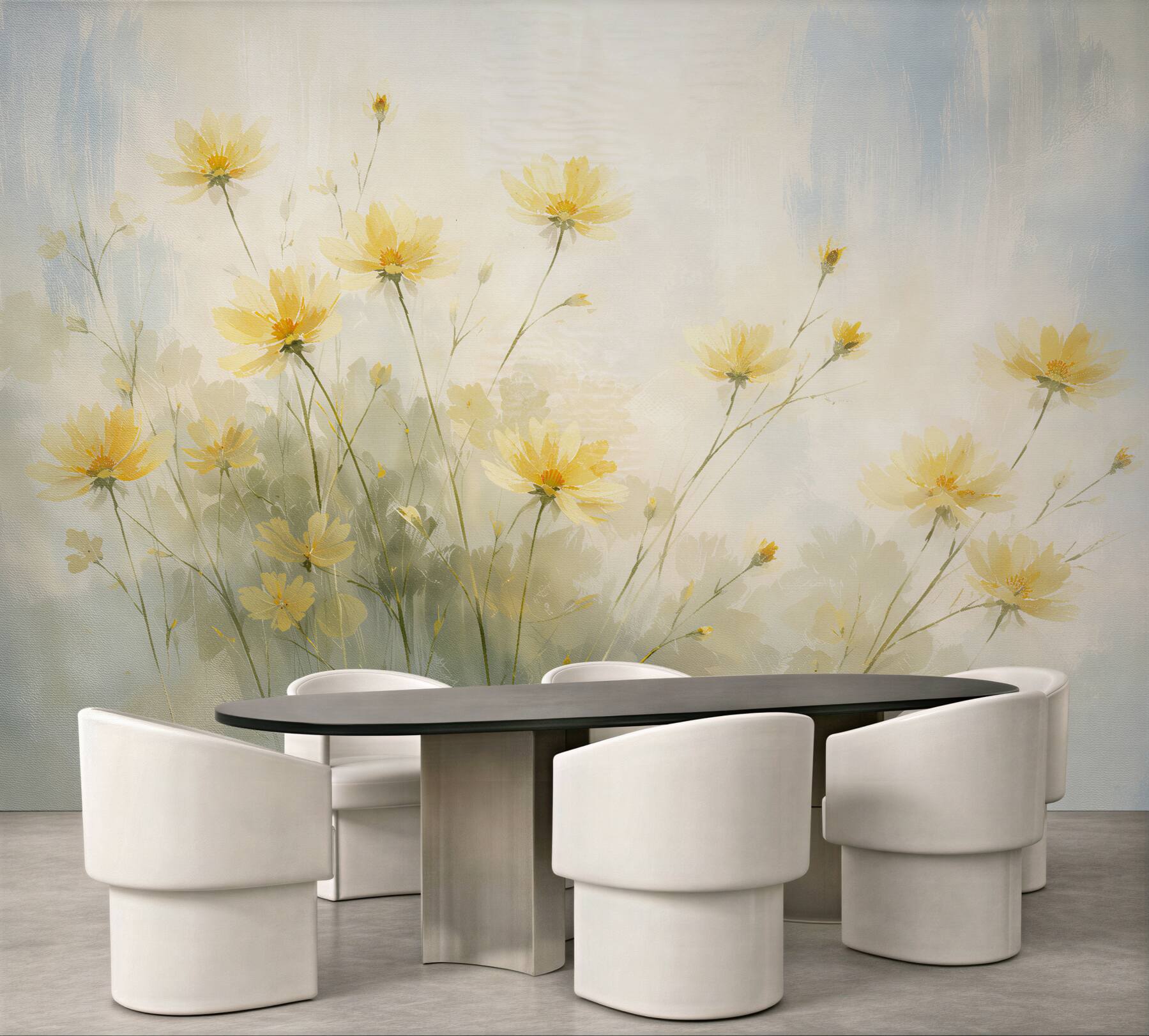 Fototapeten Zarte gelbe Blumen in Aquarell