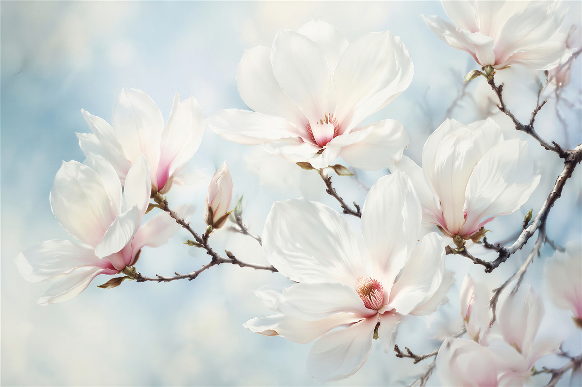 Fototapeten Zarte Magnolie auf blauem Hintergrund