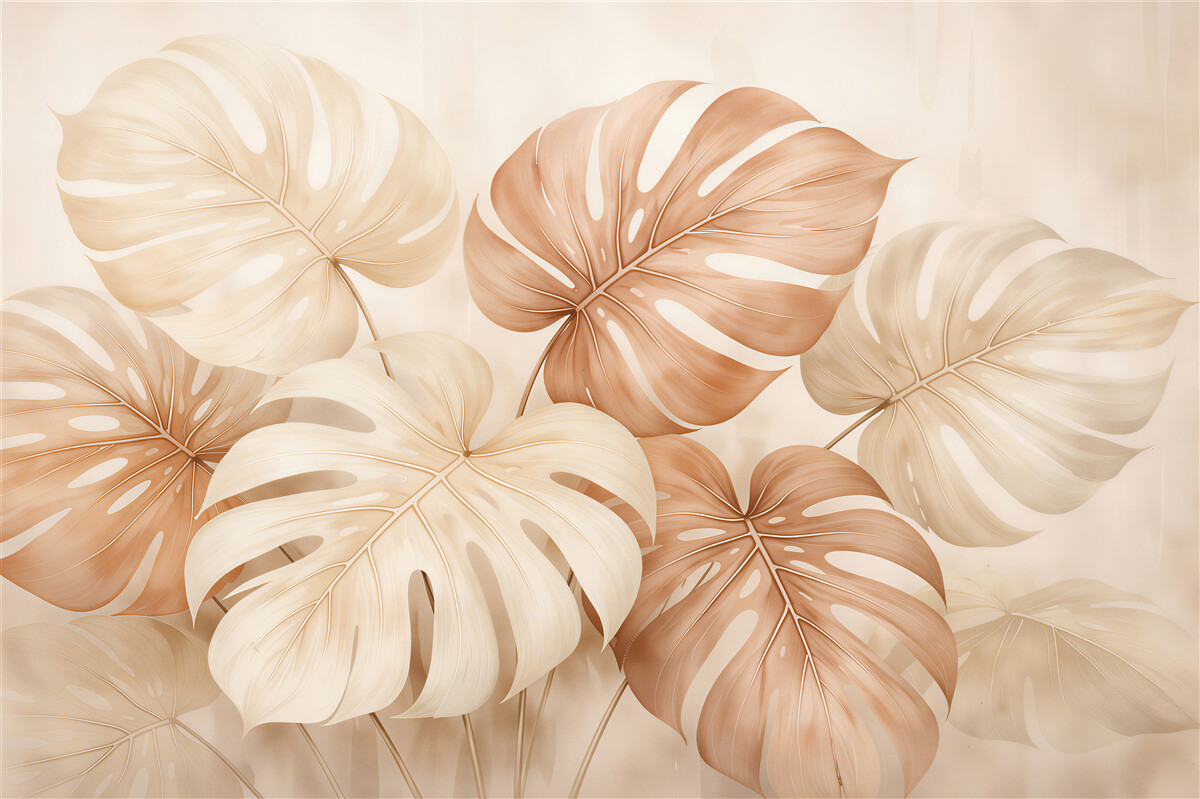 Fototapeten Beige Monstera-Blätter im Glamour-Stil