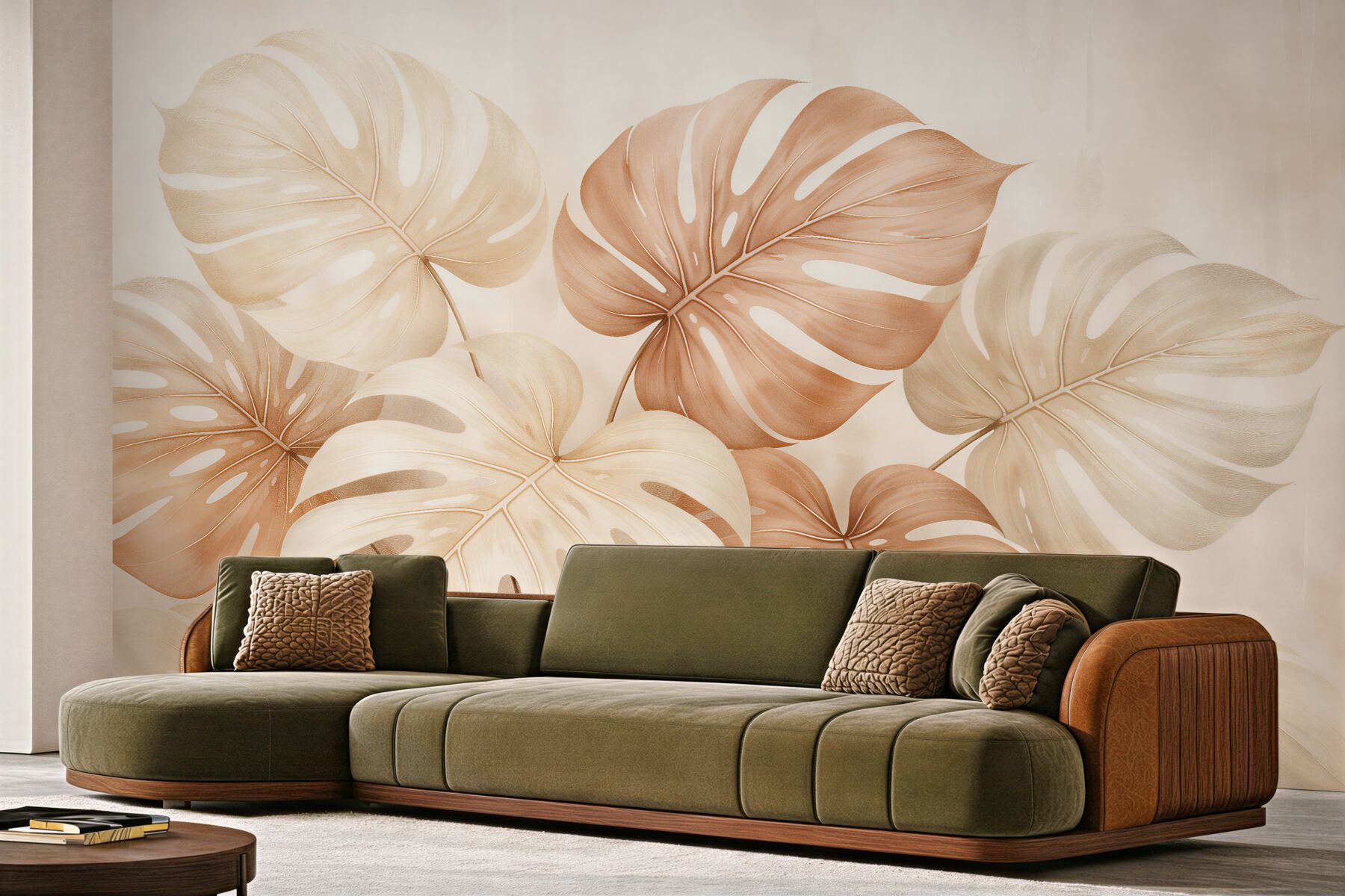 Fototapeten Beige Monstera-Blätter im Glamour-Stil