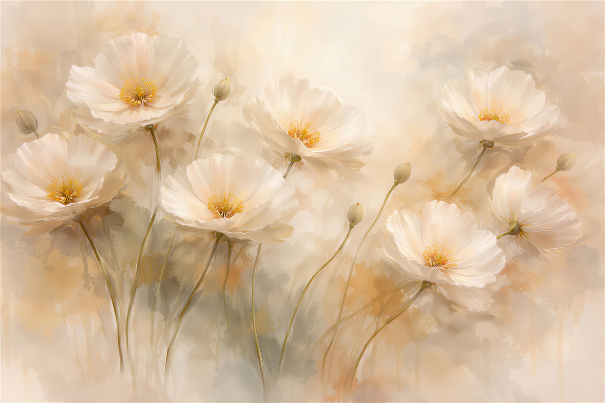 Fototapeten Cremefarbene Blumen im lichtvollen Nebelschleier