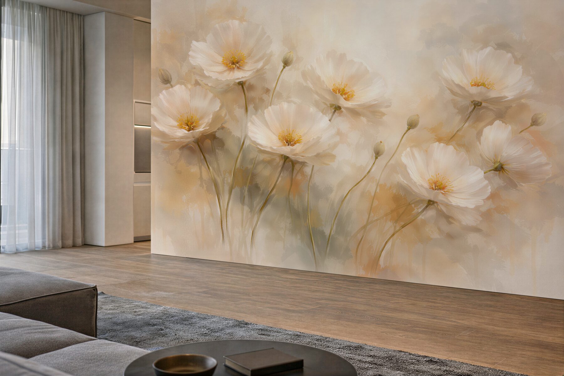 Fototapeten Cremefarbene Blumen im lichtvollen Nebelschleier