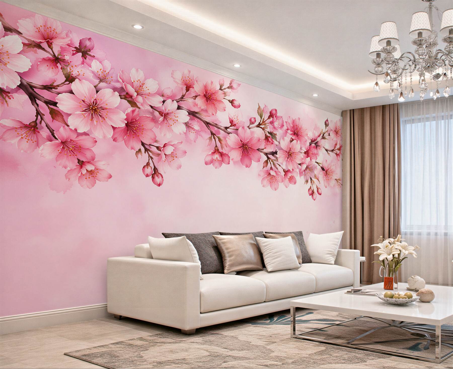 Fototapeten Rosa Kirschblüten in Aquarell