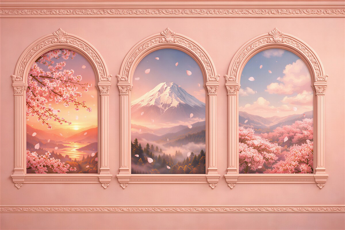 Fototapeten Pastellfarbene Fenster mit Berglandschaft