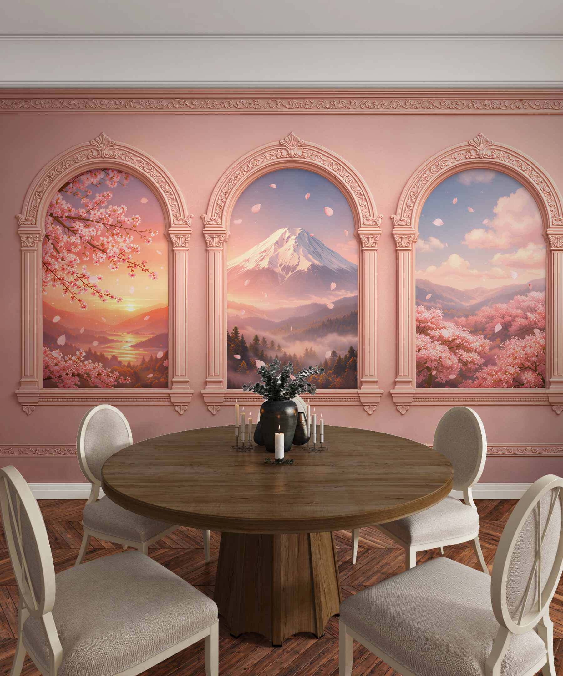 Fototapeten Pastellfarbene Fenster mit Berglandschaft