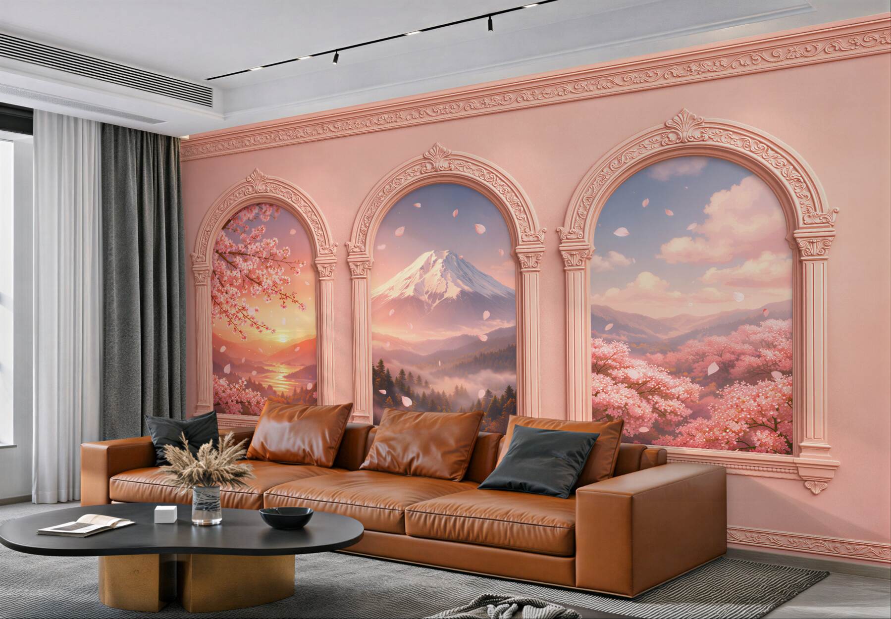 Fototapeten Pastellfarbene Fenster mit Berglandschaft