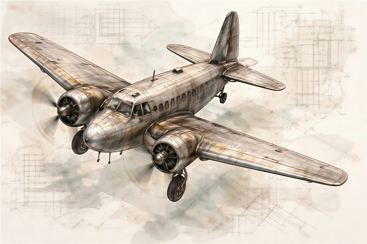 Fototapeten Retro-Flugzeug auf technischer Skizze