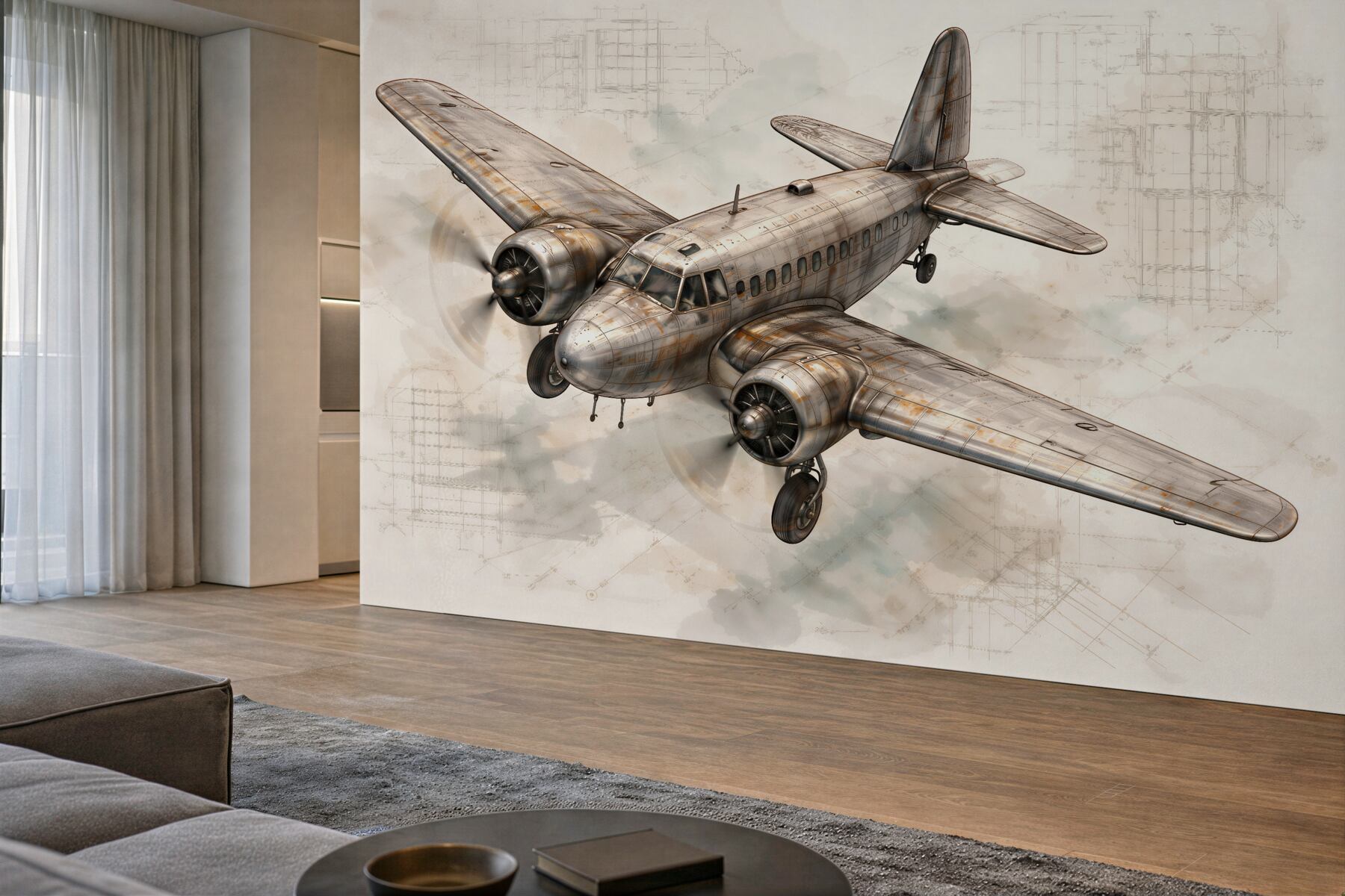 Fototapeten Retro-Flugzeug auf technischer Skizze