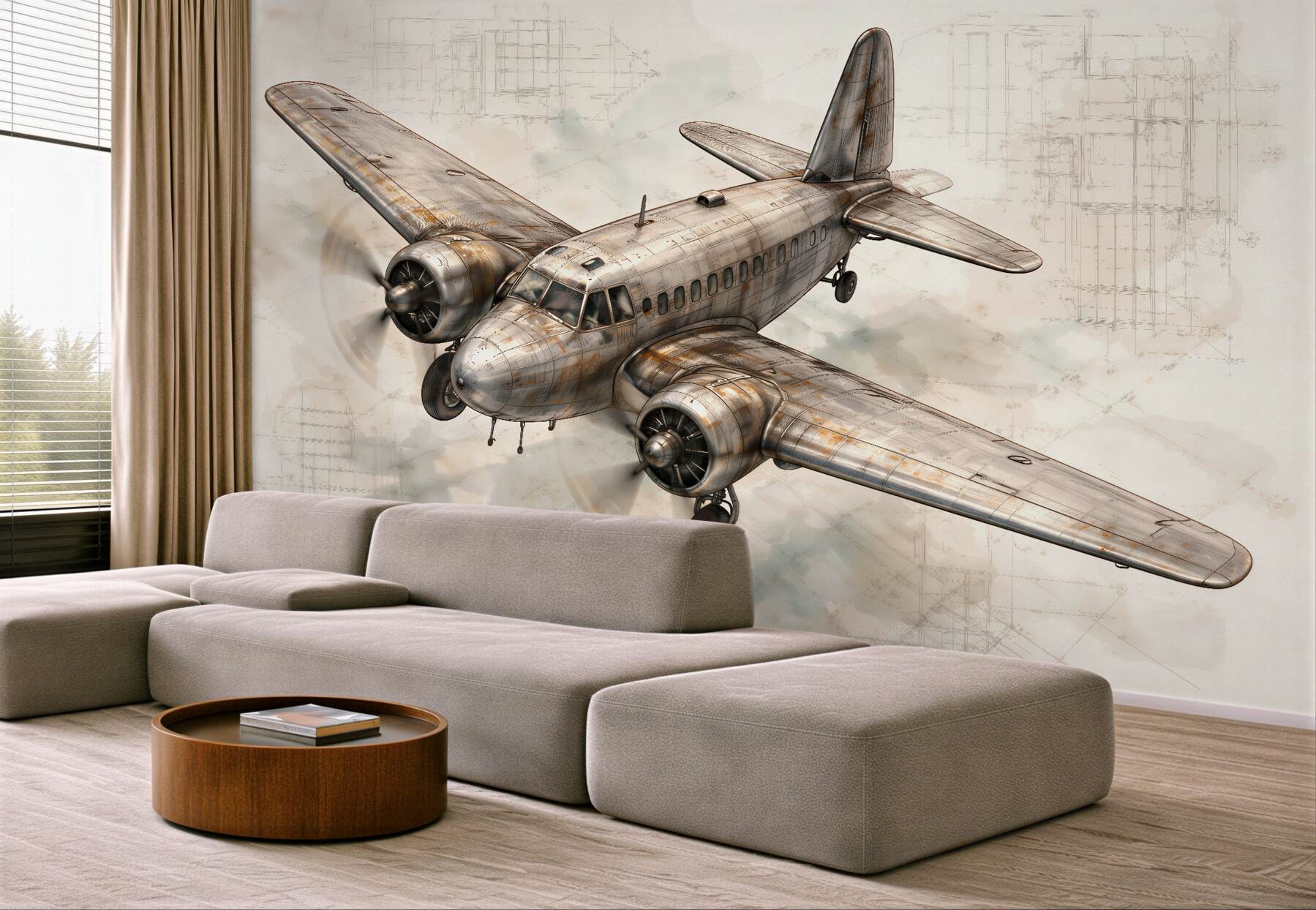 Fototapeten Retro-Flugzeug auf technischer Skizze