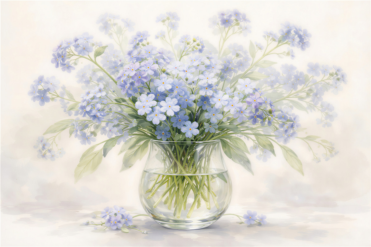 Fototapeten Blauer Blumenstrauß in einer Glasvase