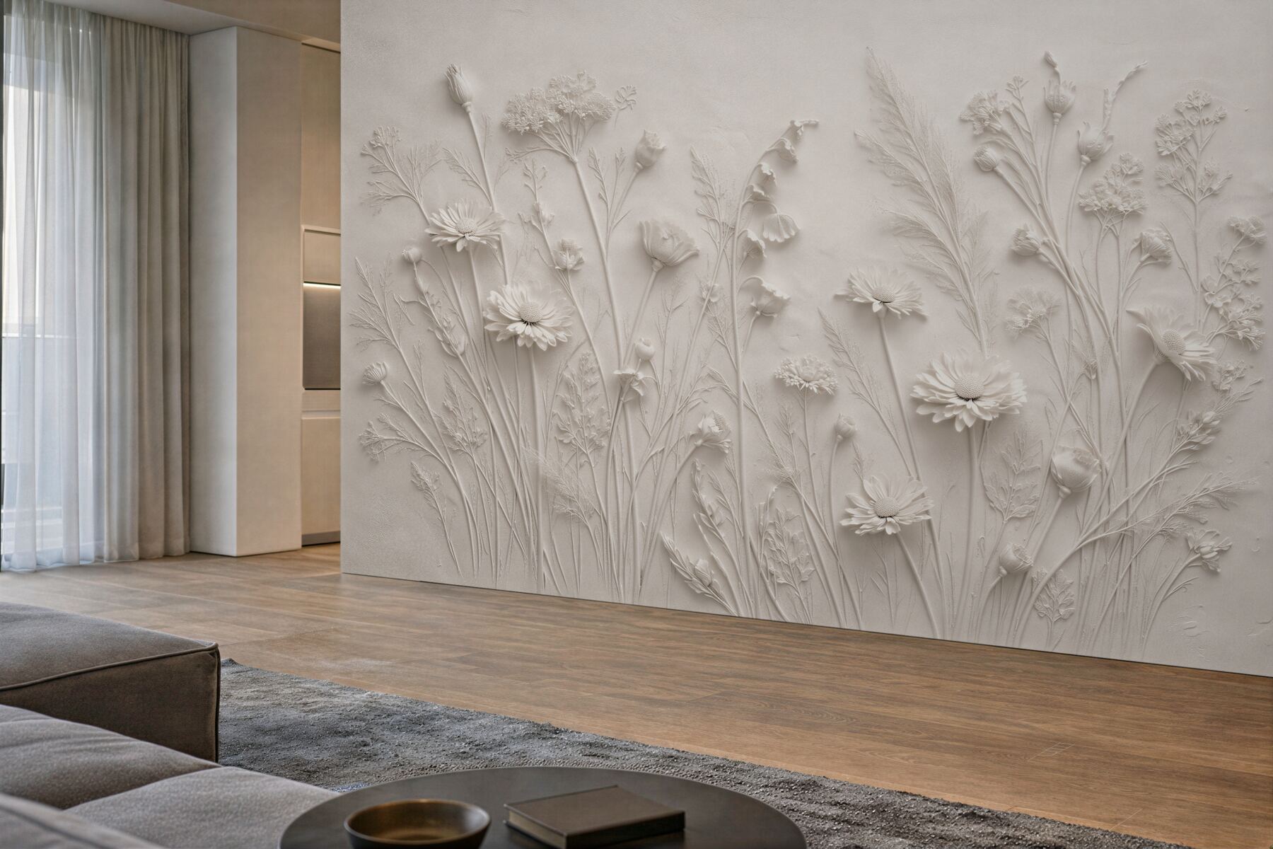 Fototapeten Weiße Blumen in subtilem Relief