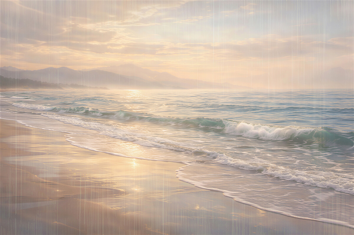 Fototapeten Goldene Morgenröte über dem ruhigen Strand