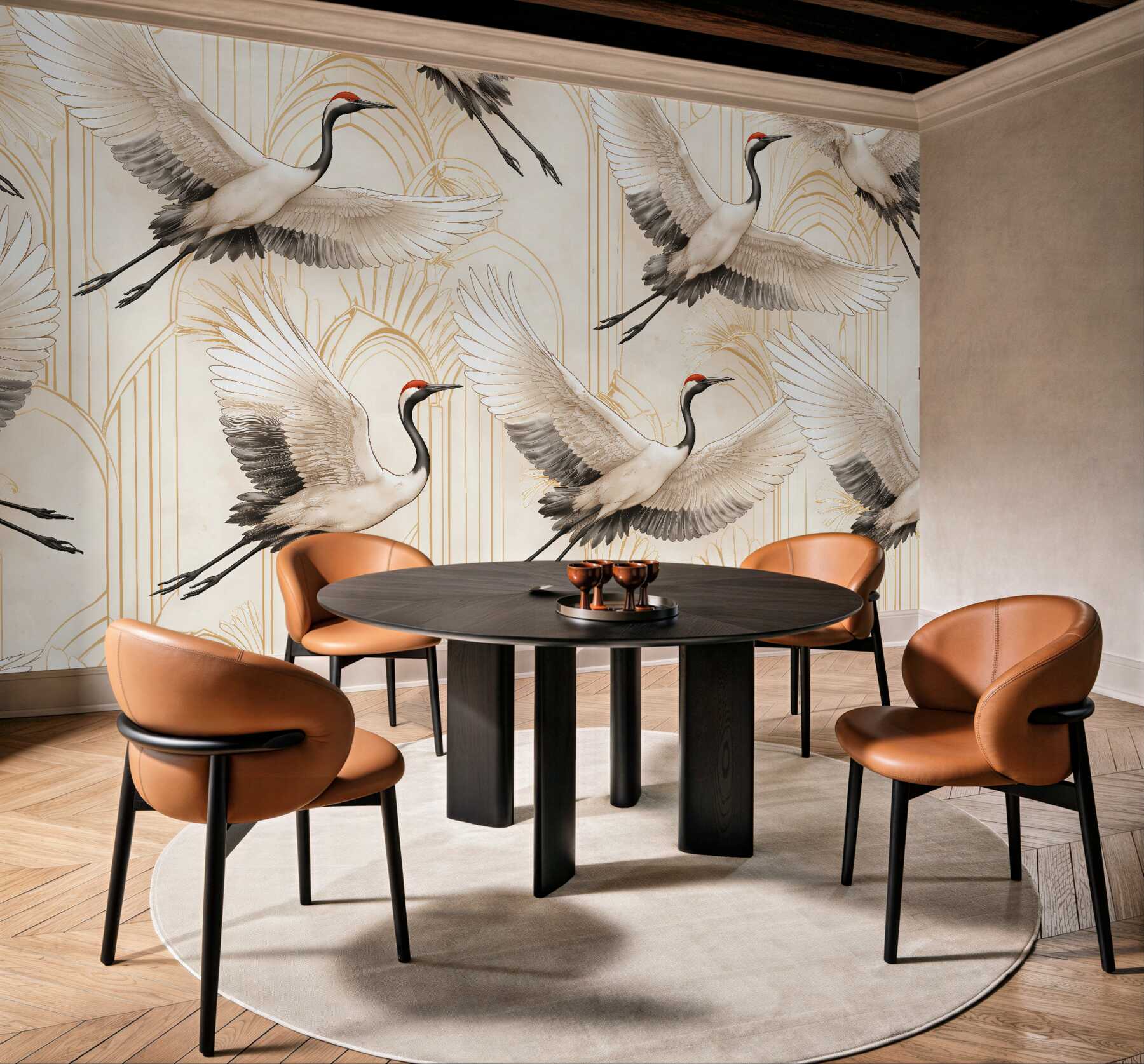 Fototapeten Kraniche im eleganten Art-Déco-Stil