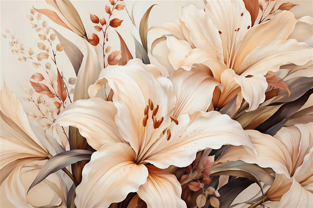 Fototapeten Elegante Lilien in Beigetönen