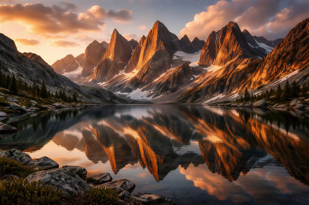 Fototapeten Goldene Gipfel über dem Bergsee