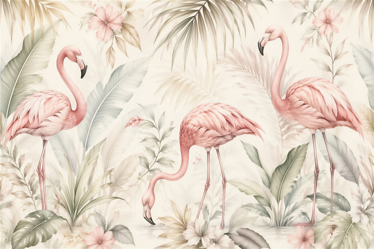 Fototapeten Pastellfarbene Flamingos im tropischen Garten