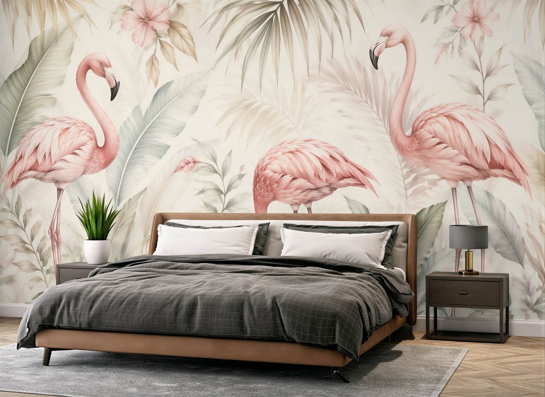 Fototapeten Pastellfarbene Flamingos im tropischen Garten