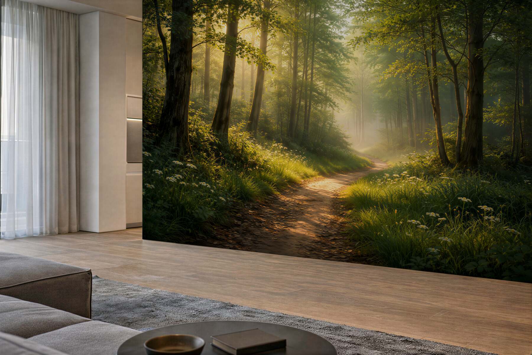 Fototapeten Sonnige Straße durch einen ruhigen Wald