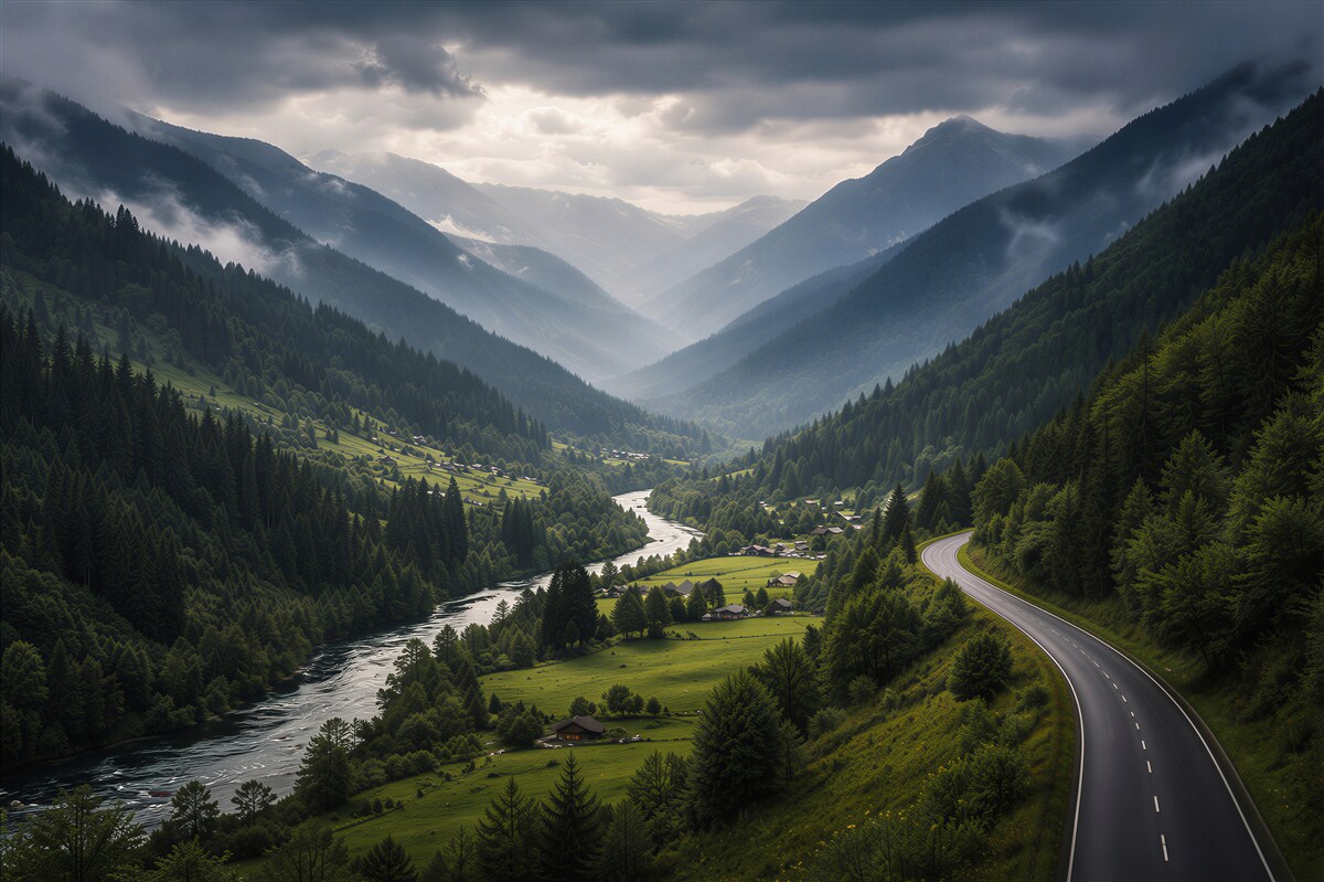 Fototapeten Malerisches Tal mit sich schlängelnder Straße