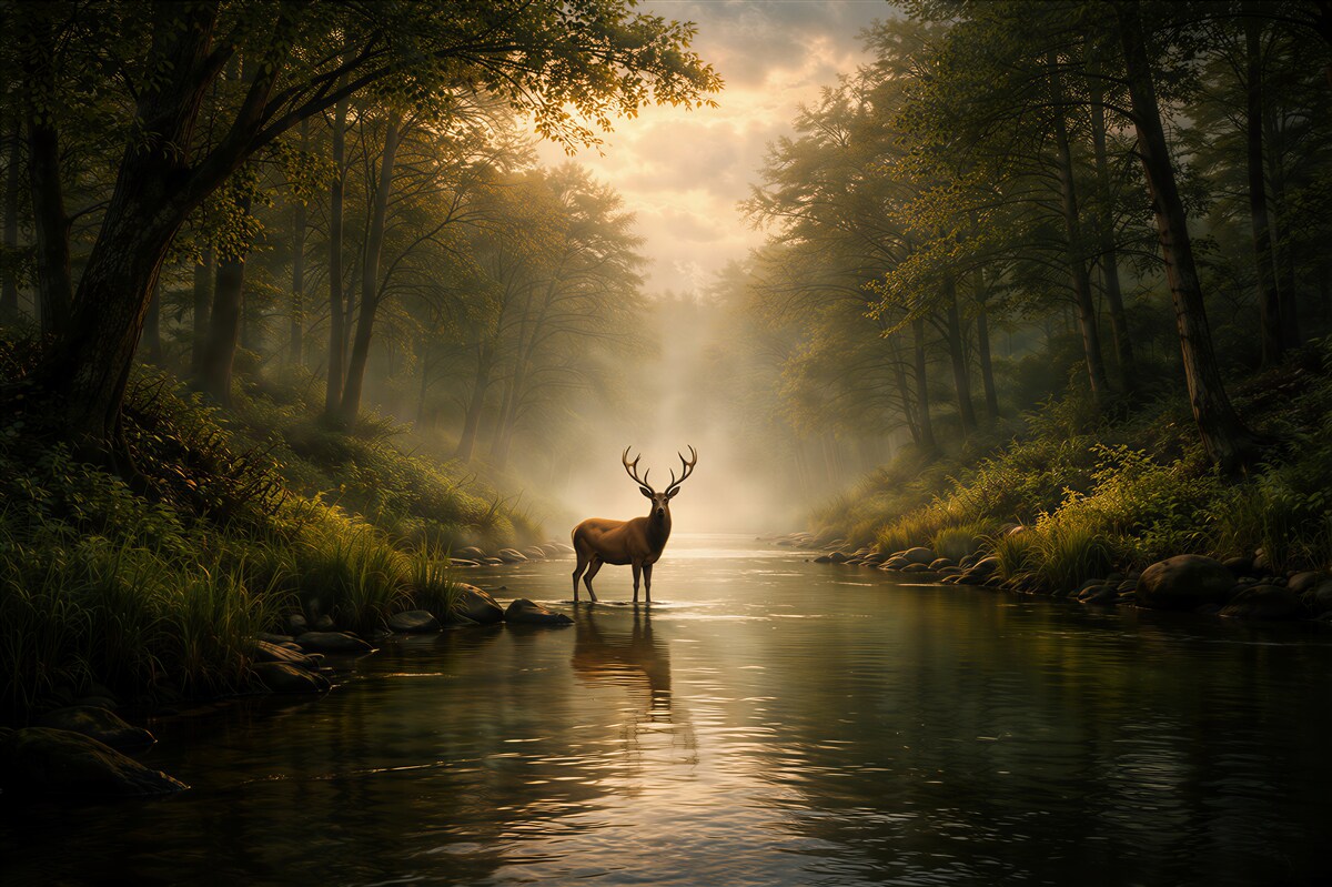Fototapeten Hirsch im Morgengrauen am Waldfluss