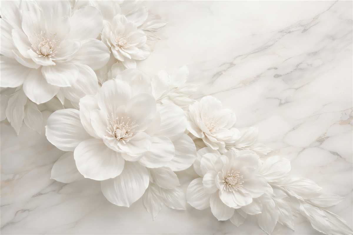 Fototapeten Weiße Blumen auf Marmor