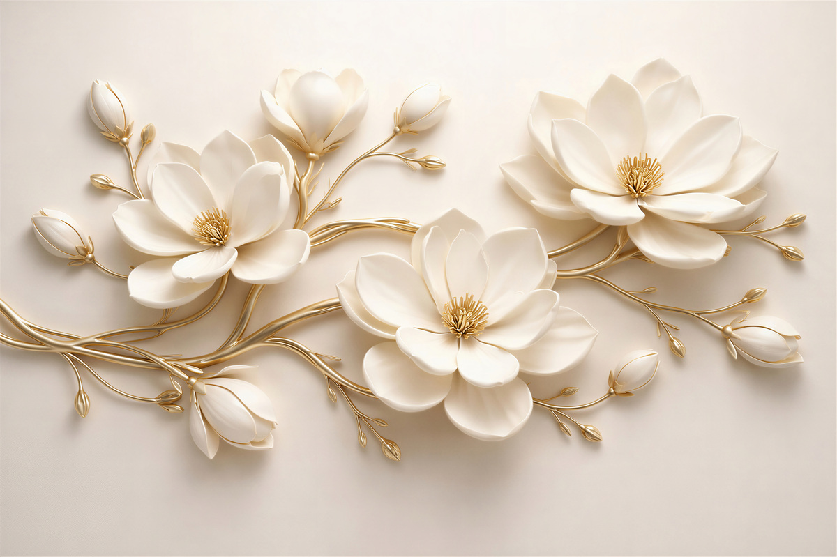 Fototapeten Cremefarbene Magnolien mit Gold
