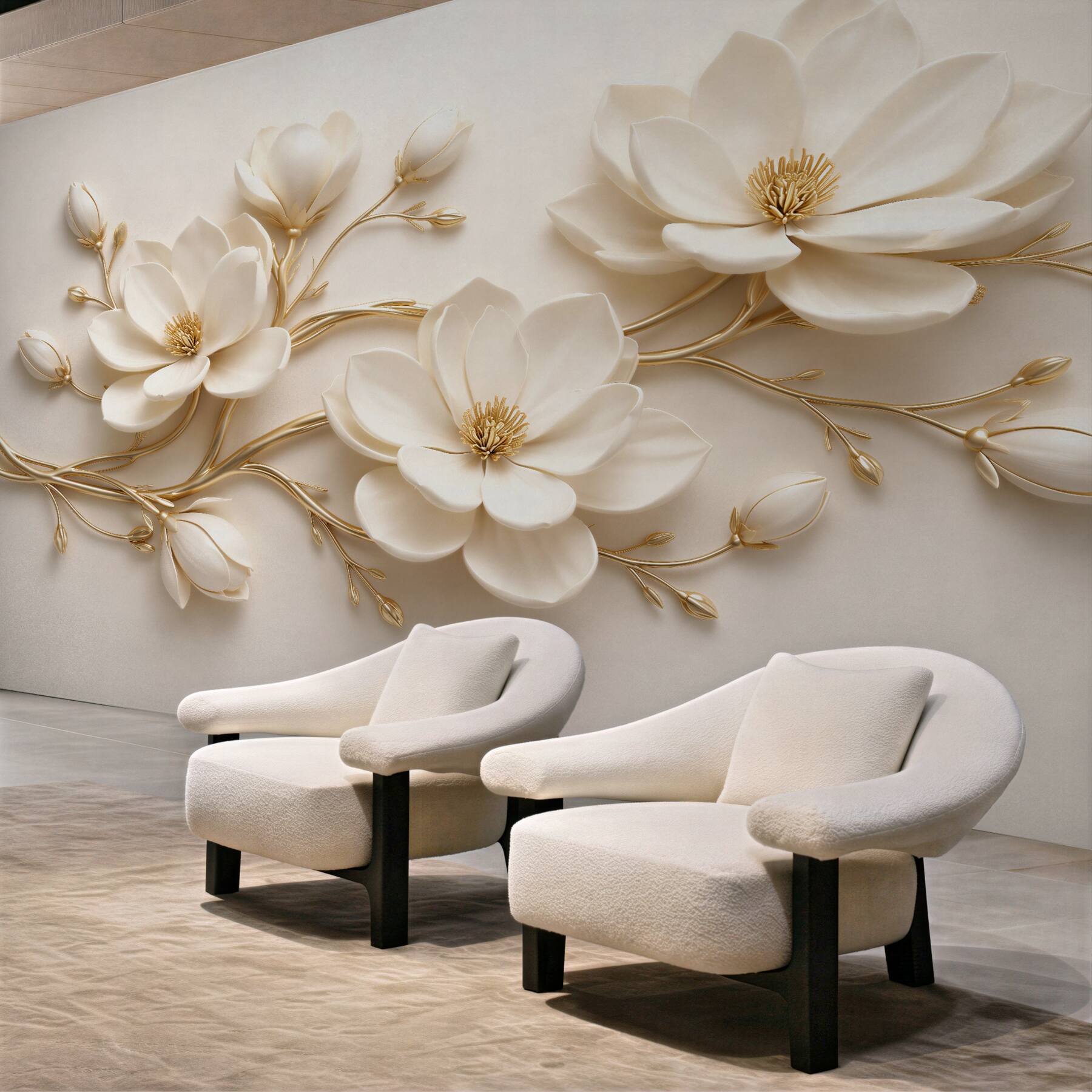 Fototapeten Cremefarbene Magnolien mit Gold