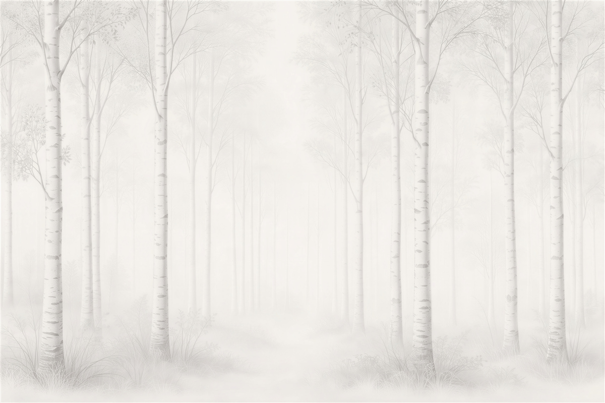 Fototapeten Weißer Birkenwald im Nebel