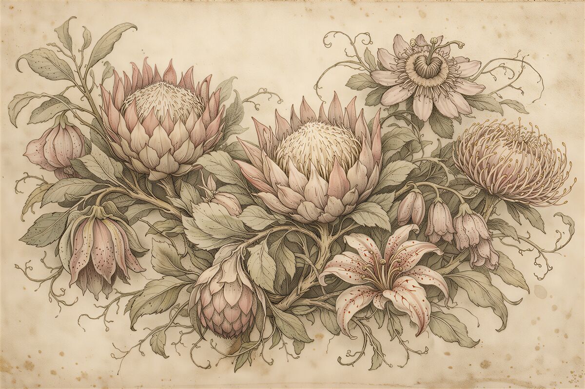 Fototapeten Botanischer Strauß im Vintage-Stil