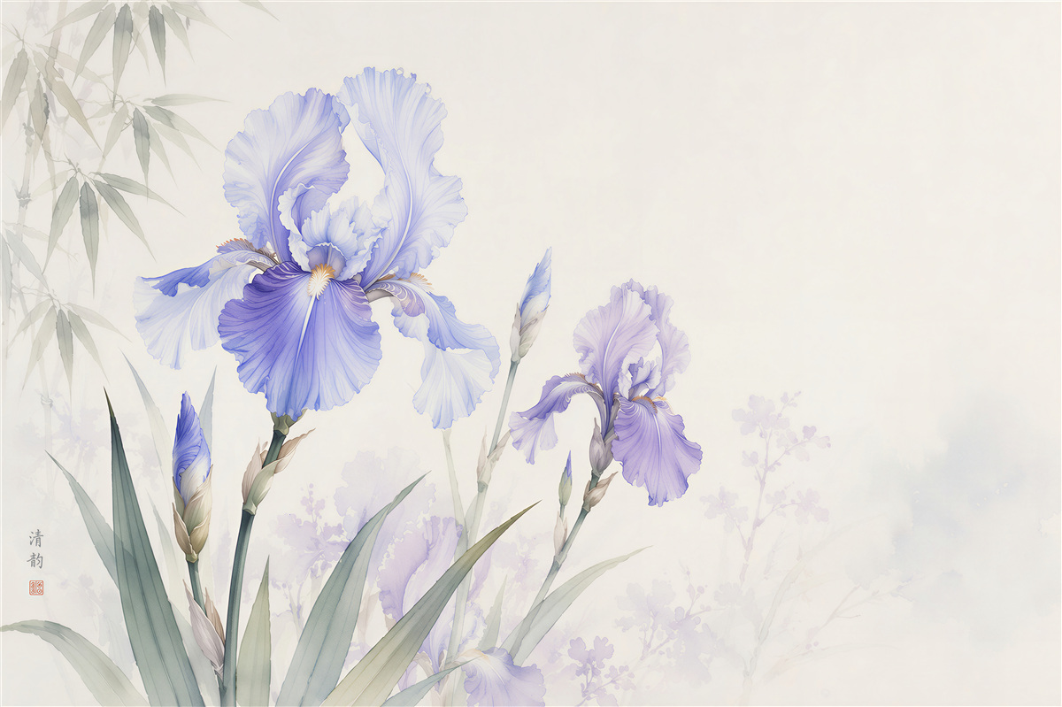 Fototapeten Fliederfarbene Iris in zarter Aquarellmalerei