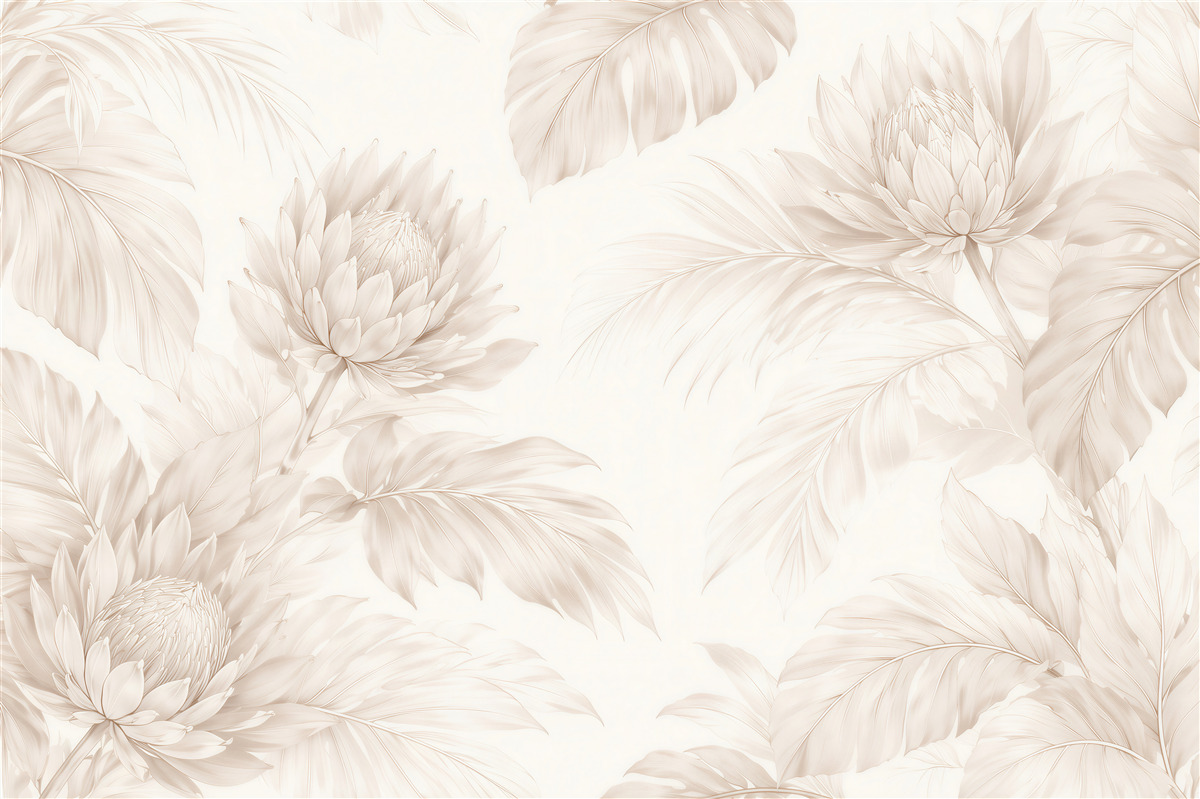 Fototapeten Beige Blätter und zarte Blumen