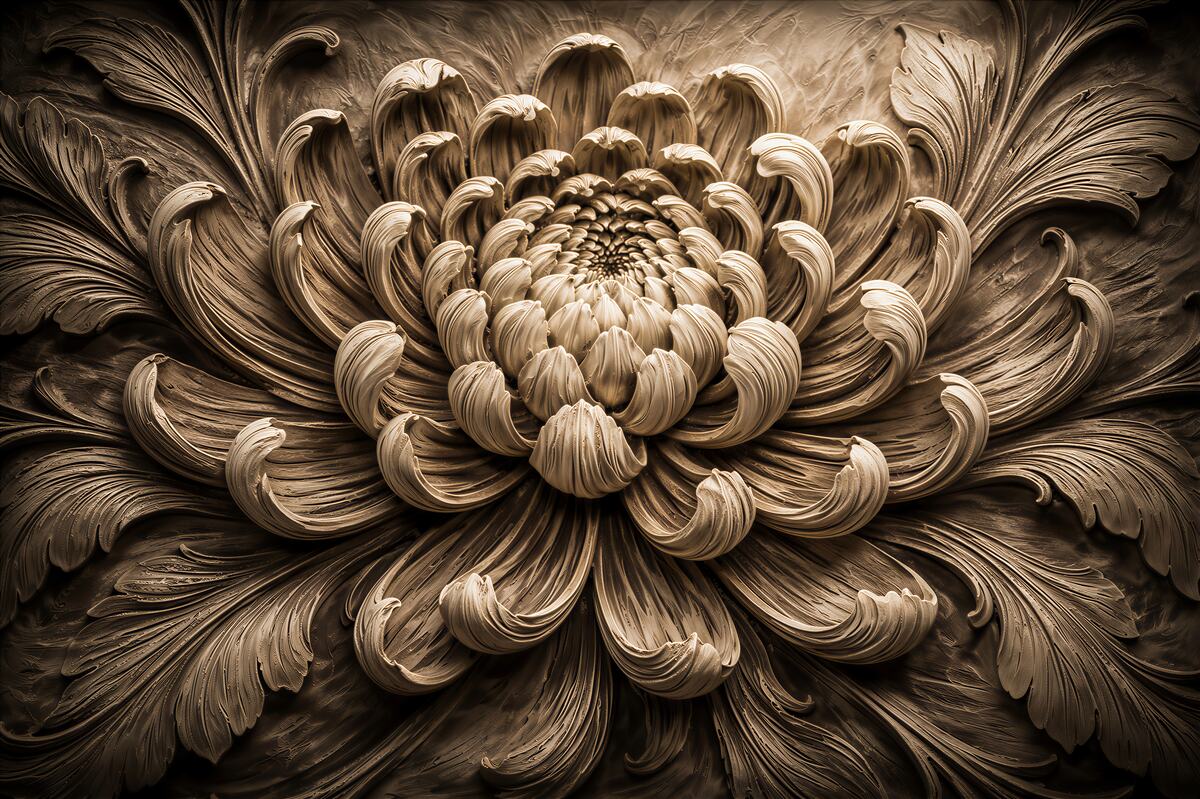 Fototapeten geschnitzte Blume in Sepia