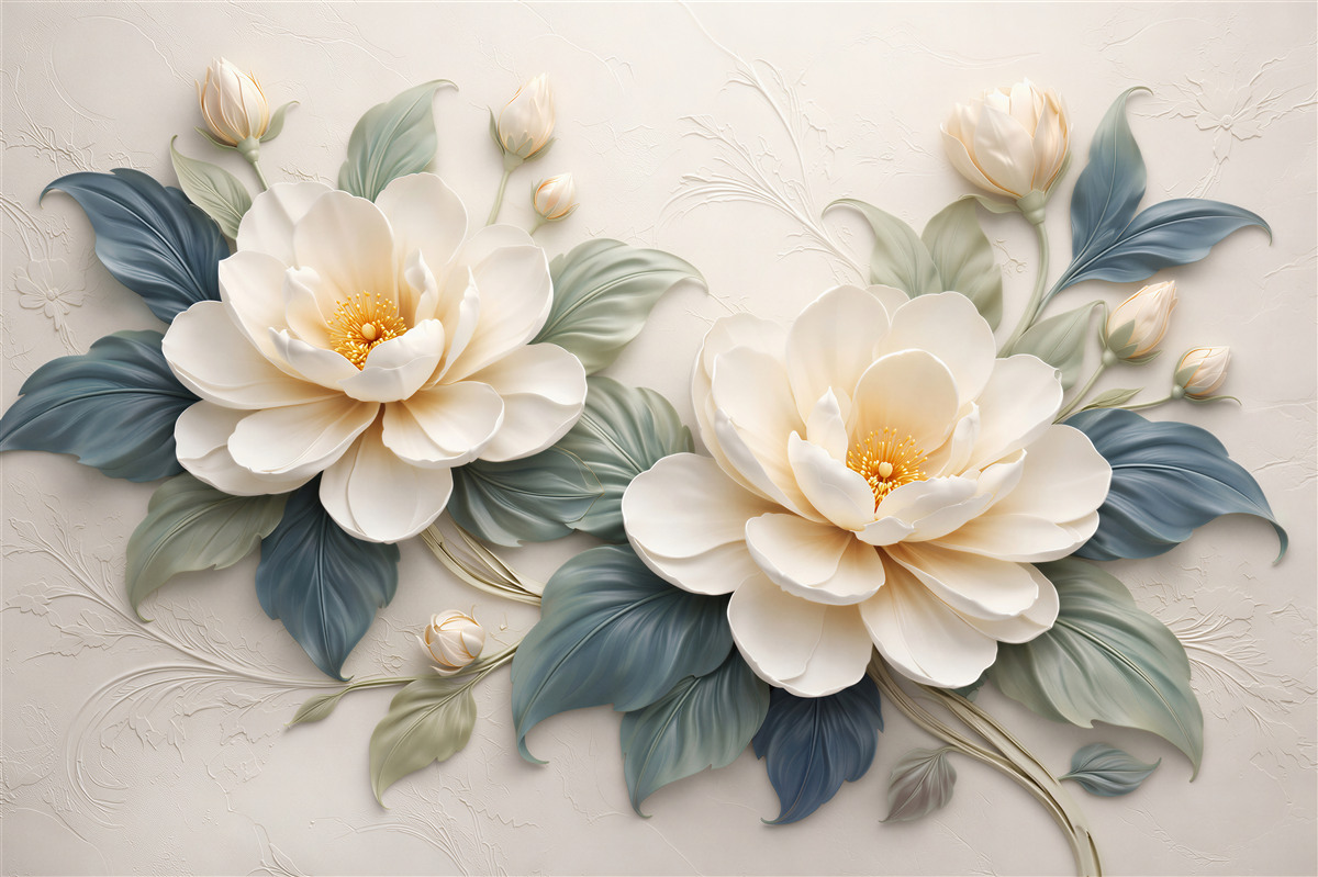 Fototapeten Cremefarbene Blumen im 3D-Stil